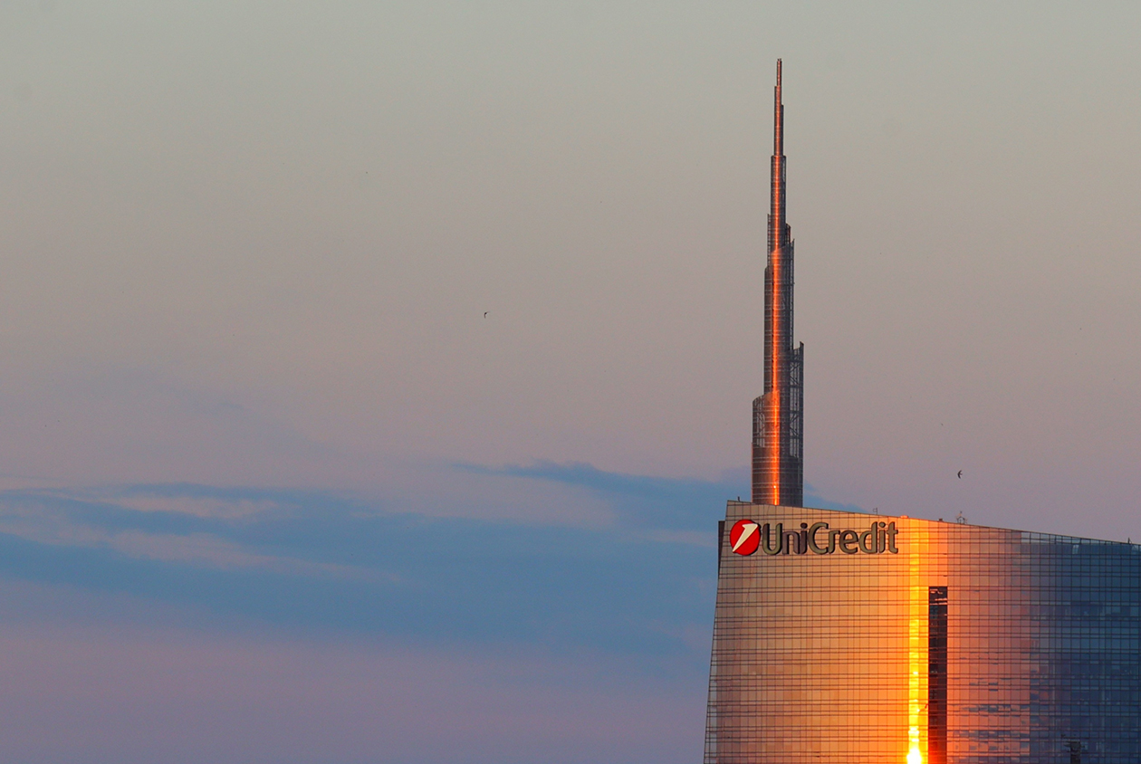 Upper part of the UniCredit Tower photographed at sunset