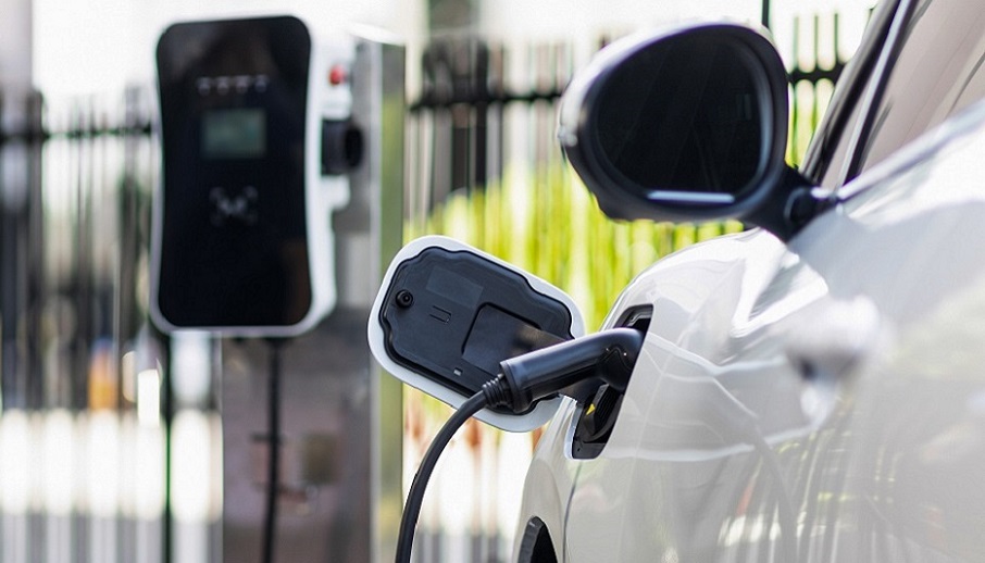 Focus close-up of an electric vehicle recharging battery