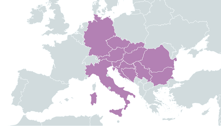 Map of Europe highlighting the participating countries